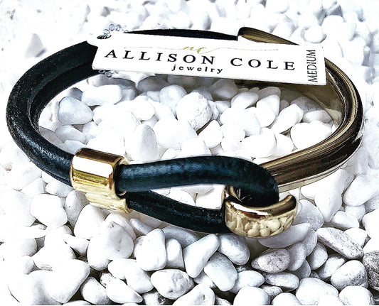 Allison Cole - Black Leather/Gold Plated Brass Hook Bracelet - Selene + Sol